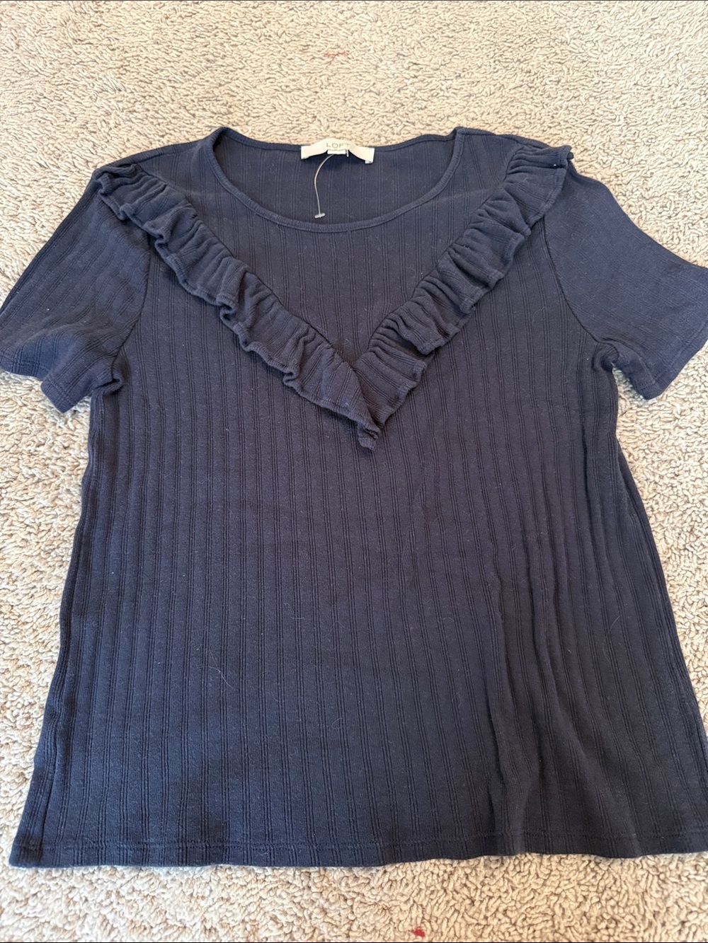 LOFT Navy Ruffled V-Neck Ribbed Short Sleeve Top